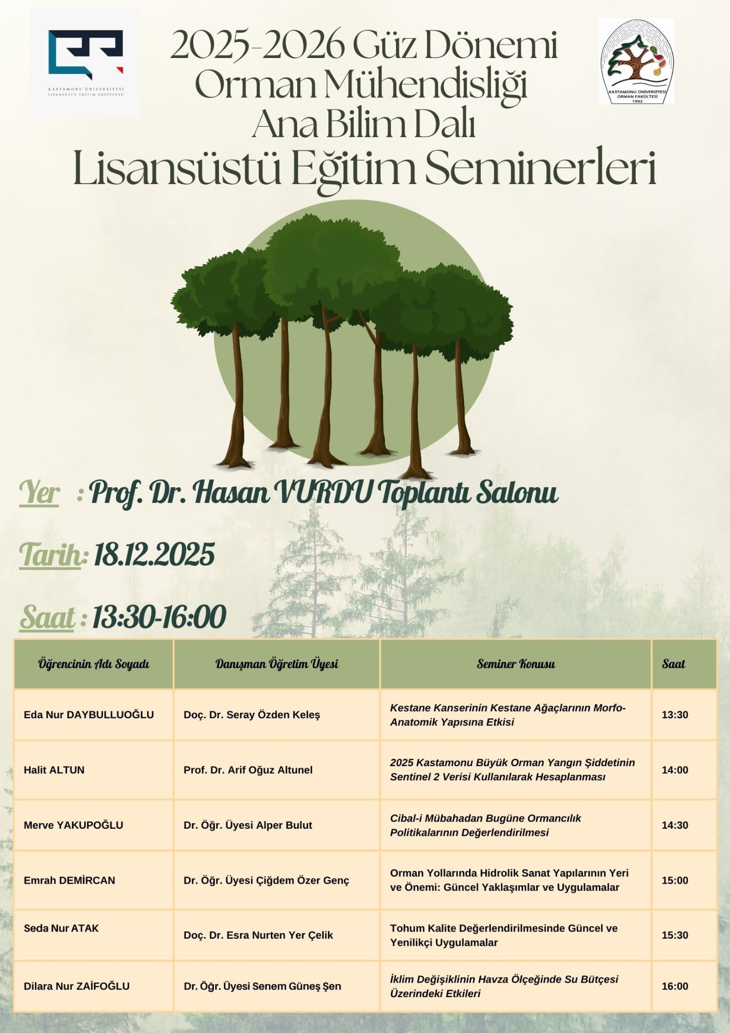2025-2026 Güz Dönemi Orman Mühendisliği Lisansüstü Eğitim Seminer Programı